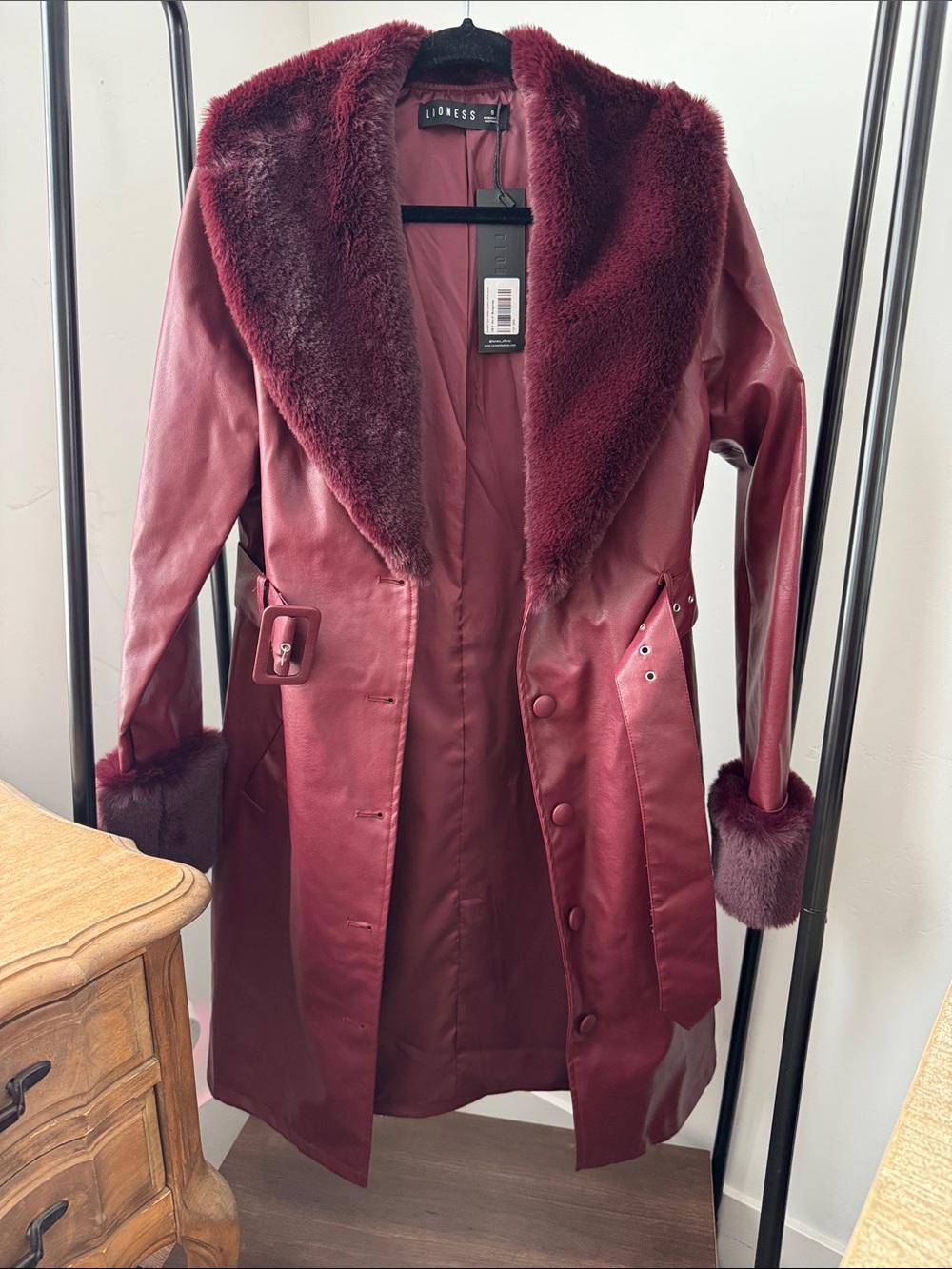 Lioness Burgundy Faux Leather Trench Coat with Faux Fur Trim